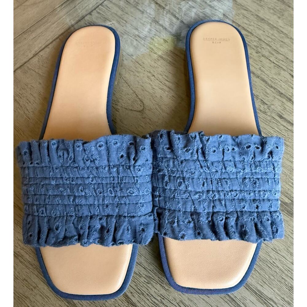 Draper James Blue Chambray Ruffle Slip On Mule Sandals Size 9